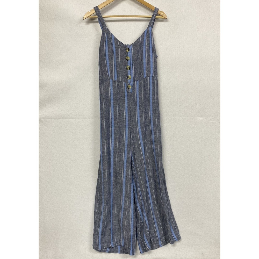 Indigo Reign Womens M Jumpsuit Blue Striped Linen Blend Wide Leg Boho Coastal
